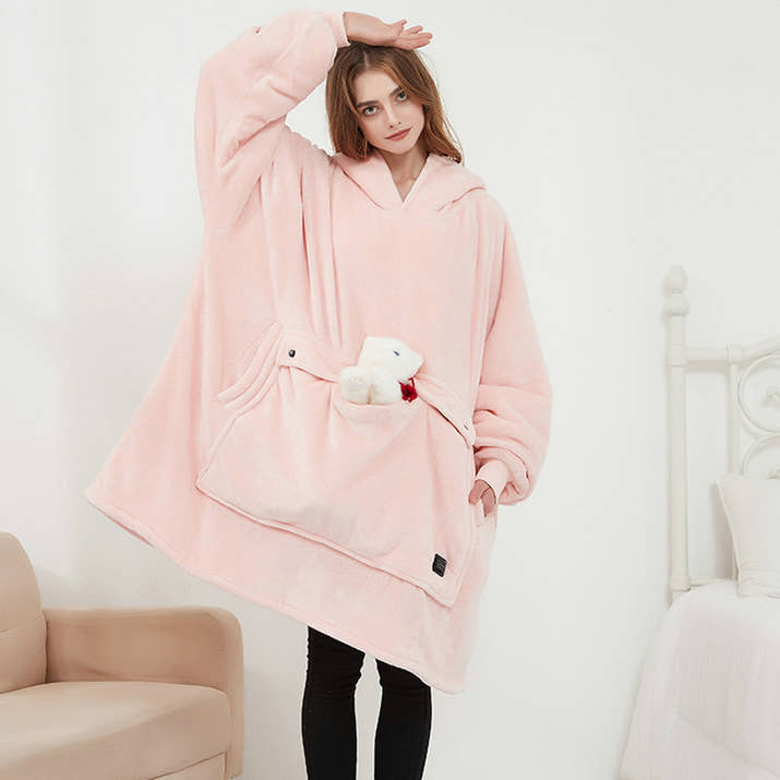 Oversized warm wearable blanket with pet pouch
