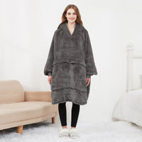 Oversized warm wearable blanket with pet pouch